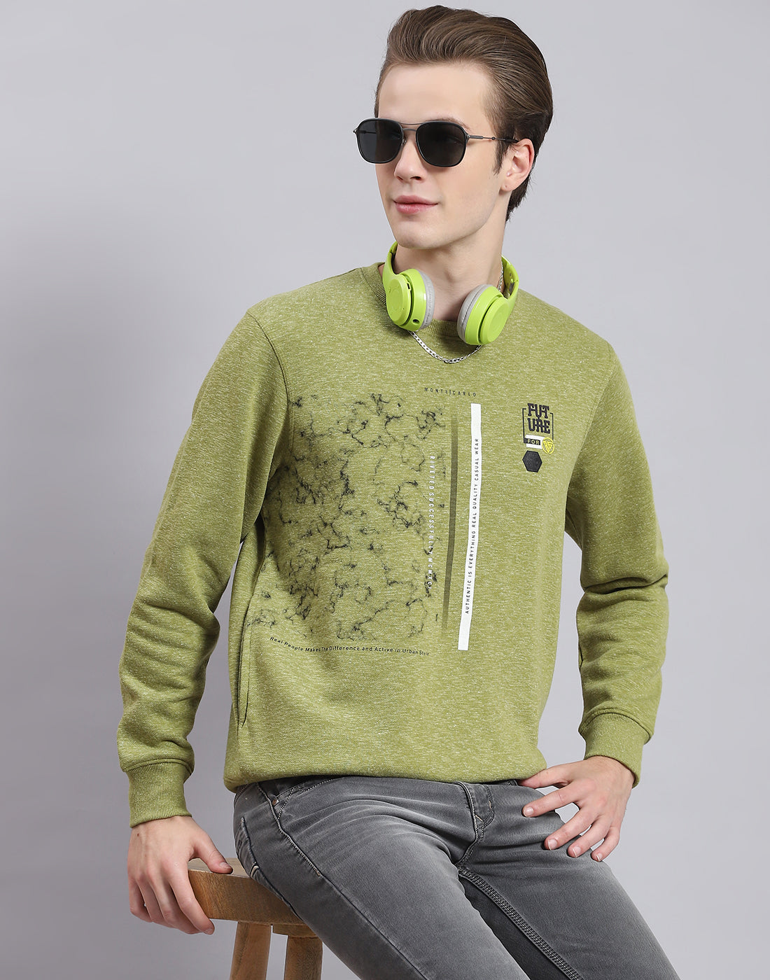 Men Green Printed Round Neck Full Sleeve Sweatshirt