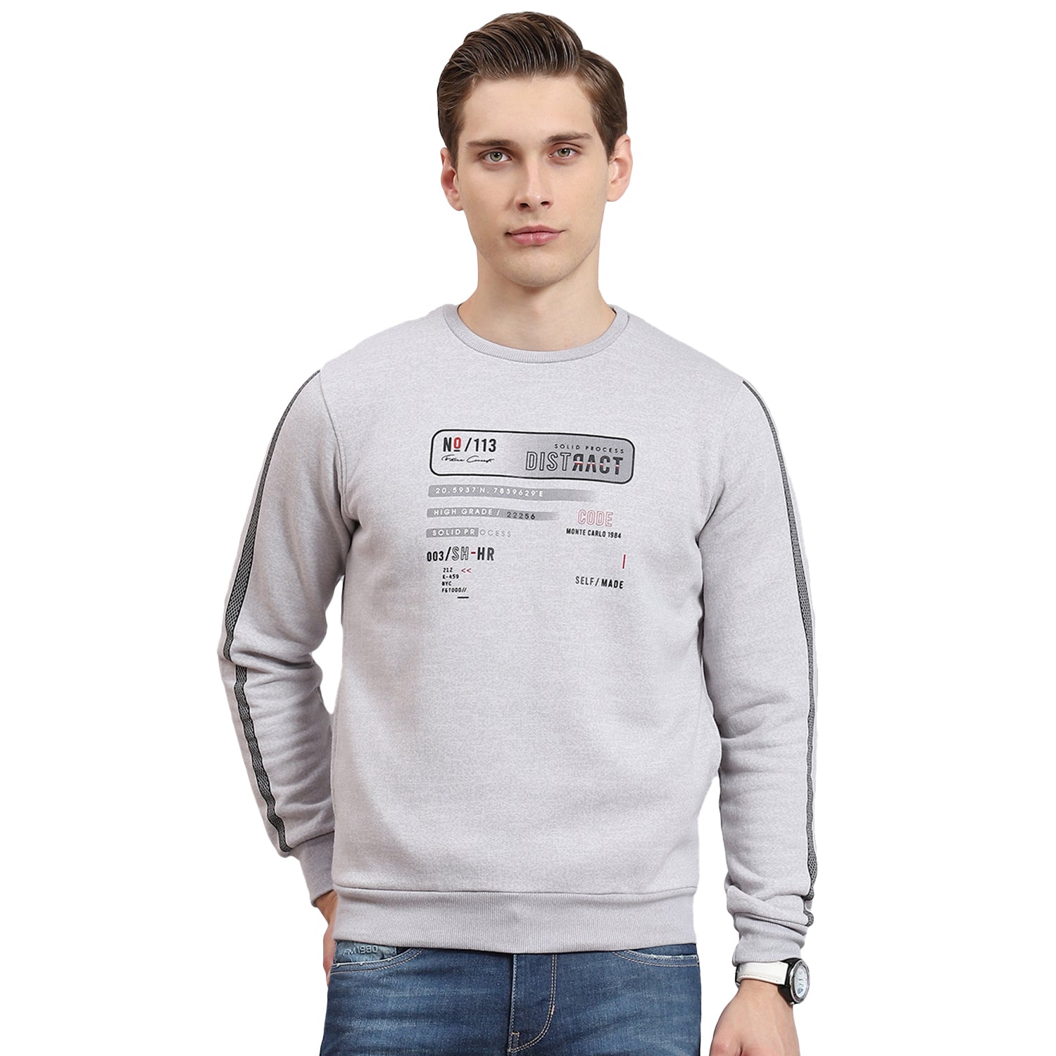 Men Grey Printed Round Neck Full Sleeve Sweatshirt