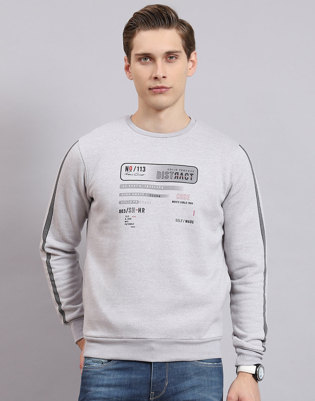 Men Grey Printed Round Neck Full Sleeve Sweatshirt