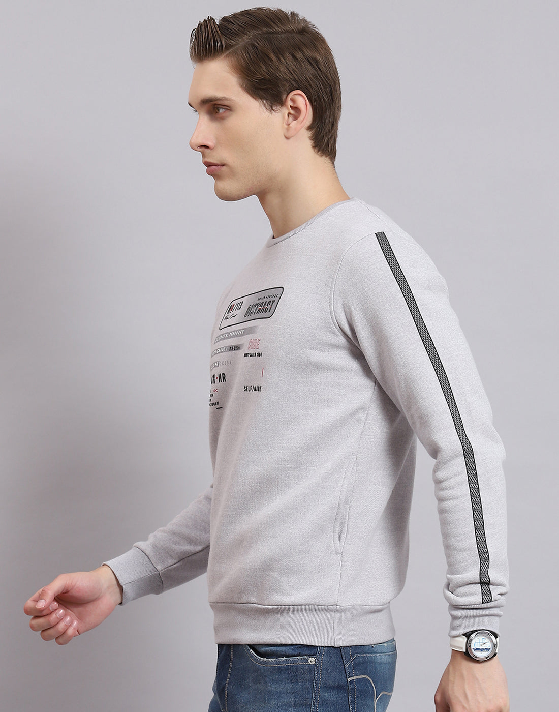 Men Grey Printed Round Neck Full Sleeve Sweatshirt