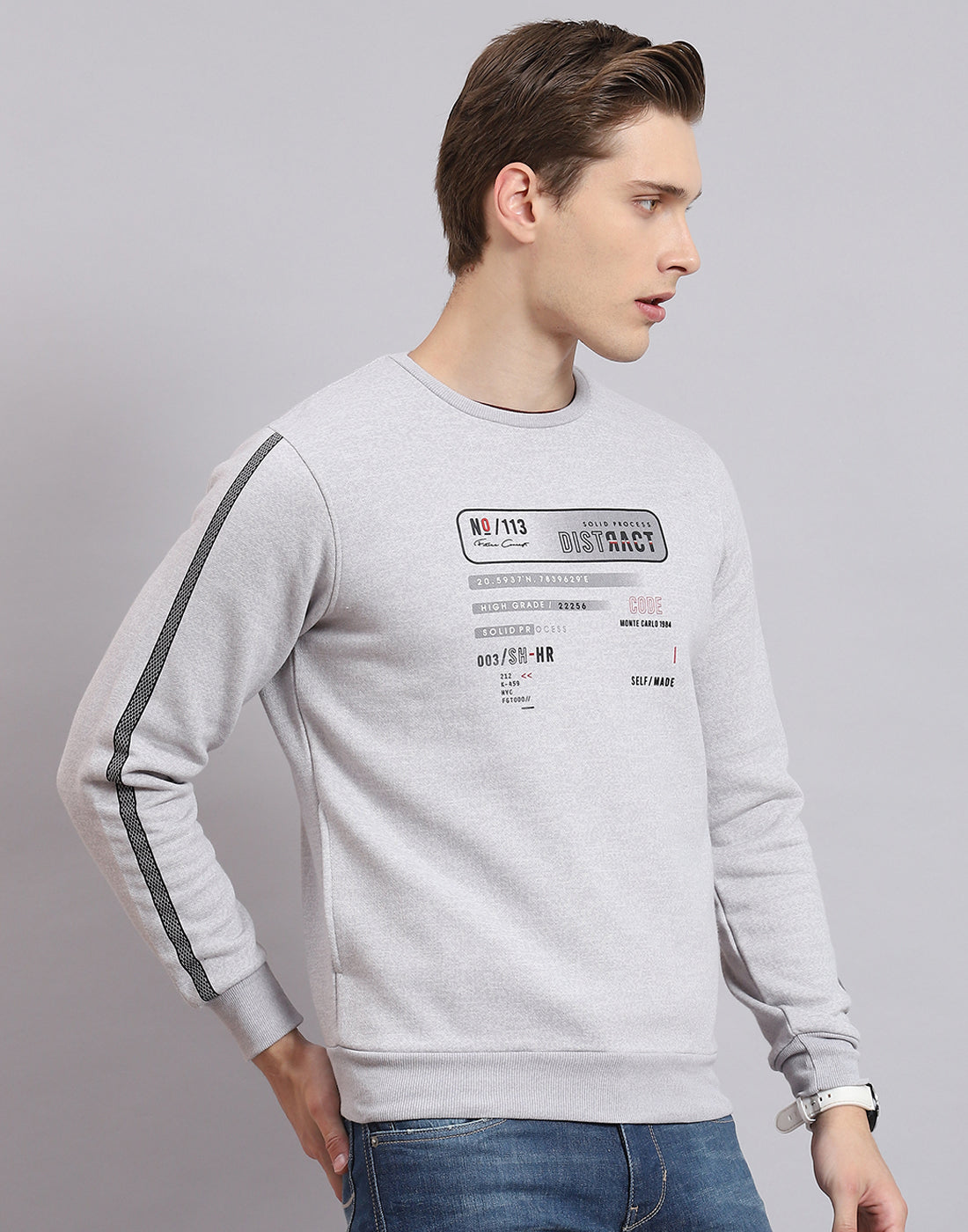 Men Grey Printed Round Neck Full Sleeve Sweatshirt