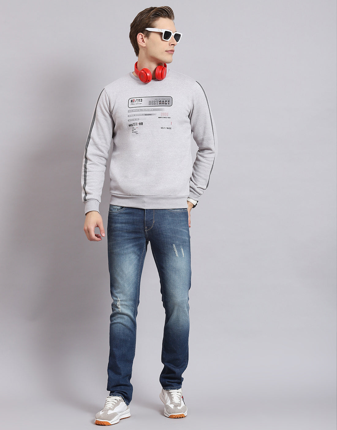 Men Grey Printed Round Neck Full Sleeve Sweatshirt