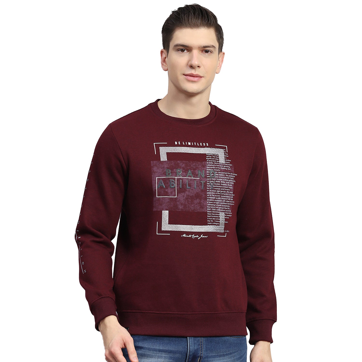 Men Maroon Printed Round Neck Full Sleeve Sweatshirt