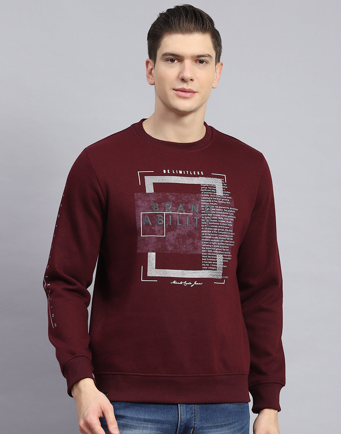 Men Maroon Printed Round Neck Full Sleeve Sweatshirt