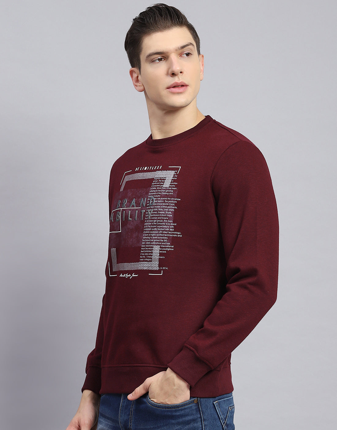 Men Maroon Printed Round Neck Full Sleeve Sweatshirt