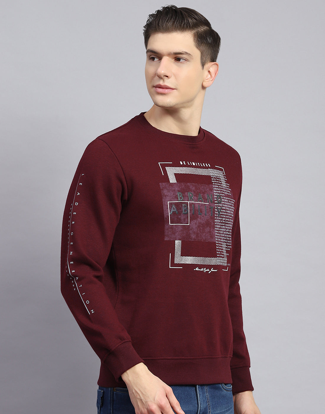 Men Maroon Printed Round Neck Full Sleeve Sweatshirt