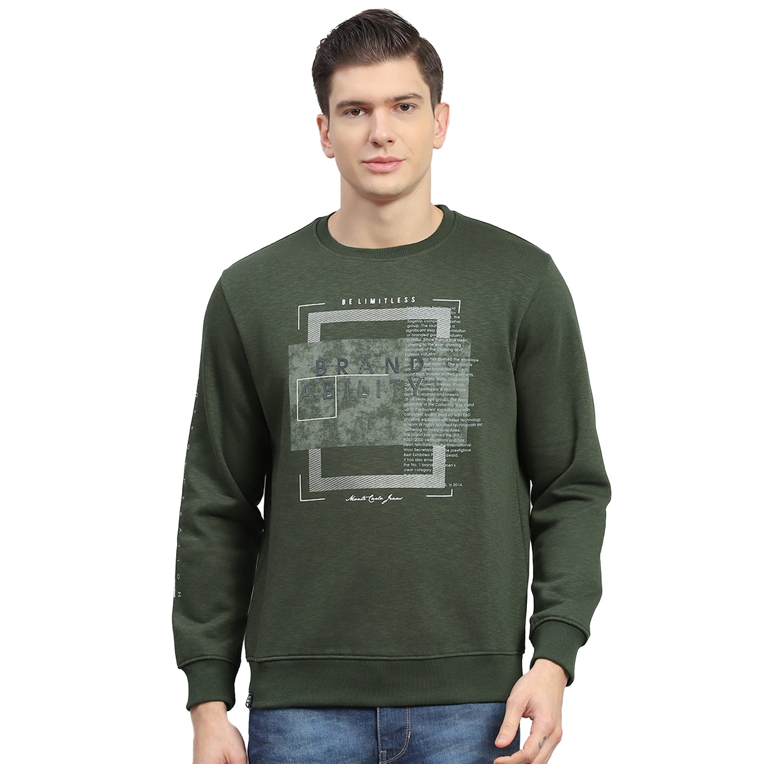 Men Olive Printed Round Neck Full Sleeve Sweatshirt