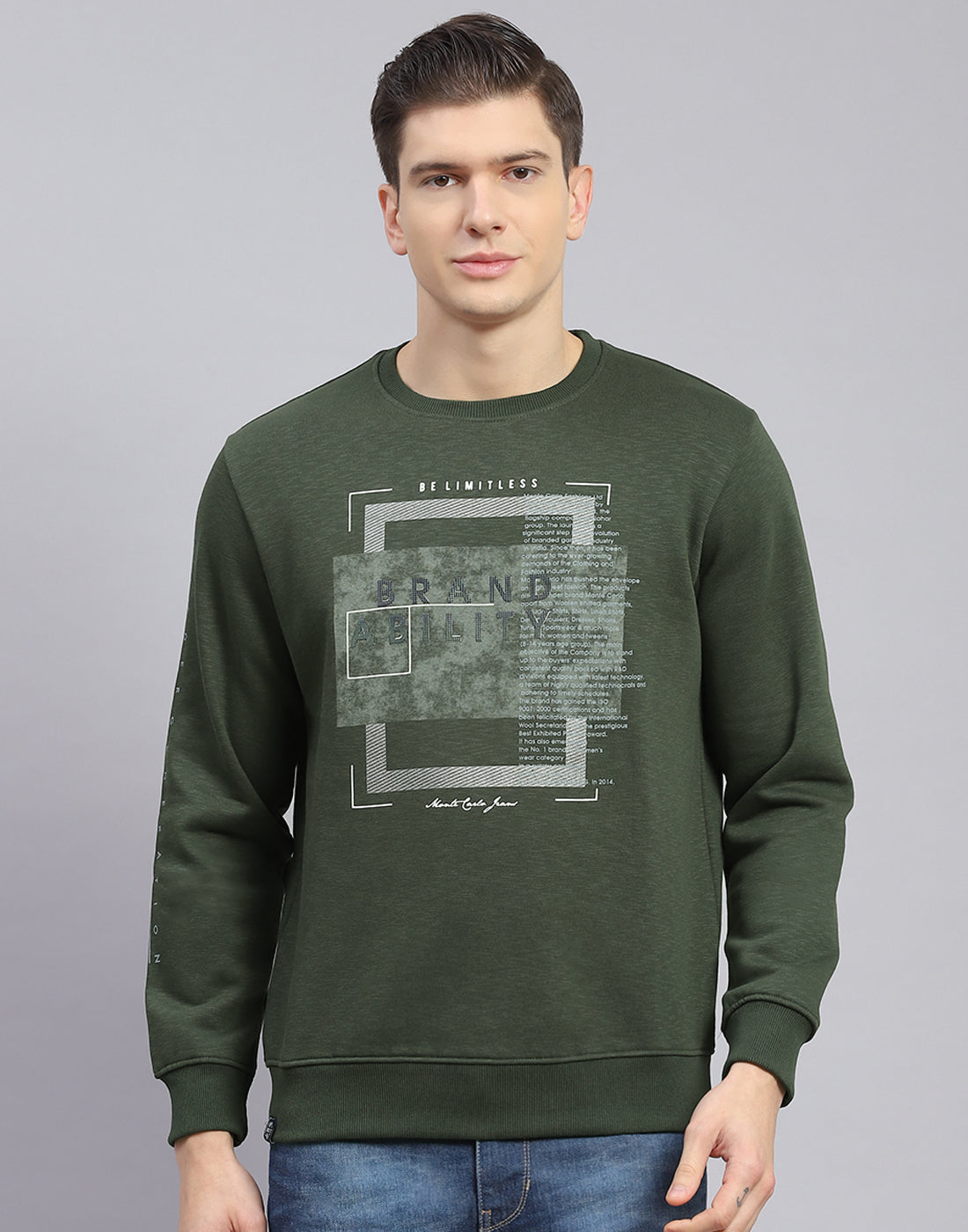 Men Olive Printed Round Neck Full Sleeve Sweatshirt