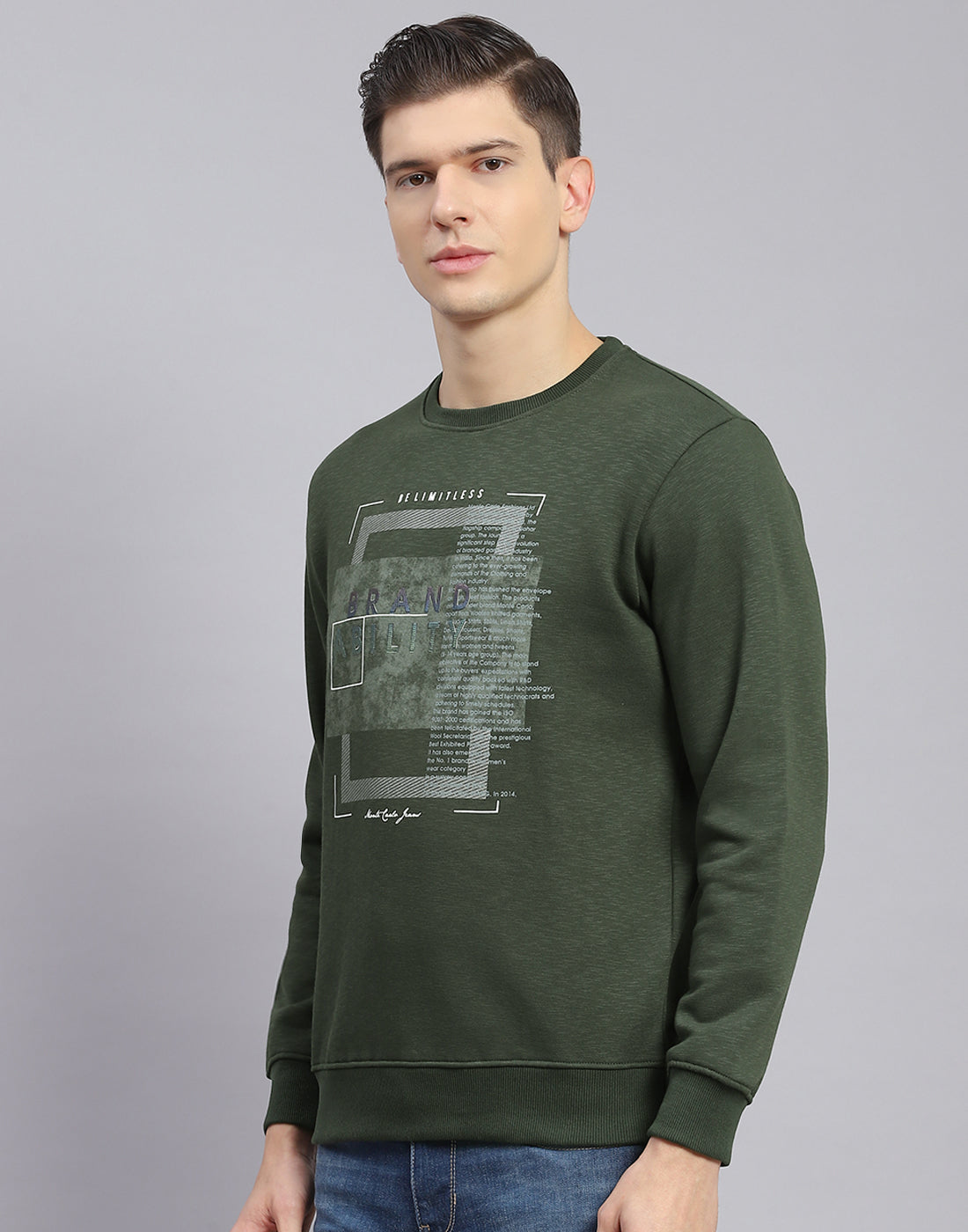 Men Olive Printed Round Neck Full Sleeve Sweatshirt