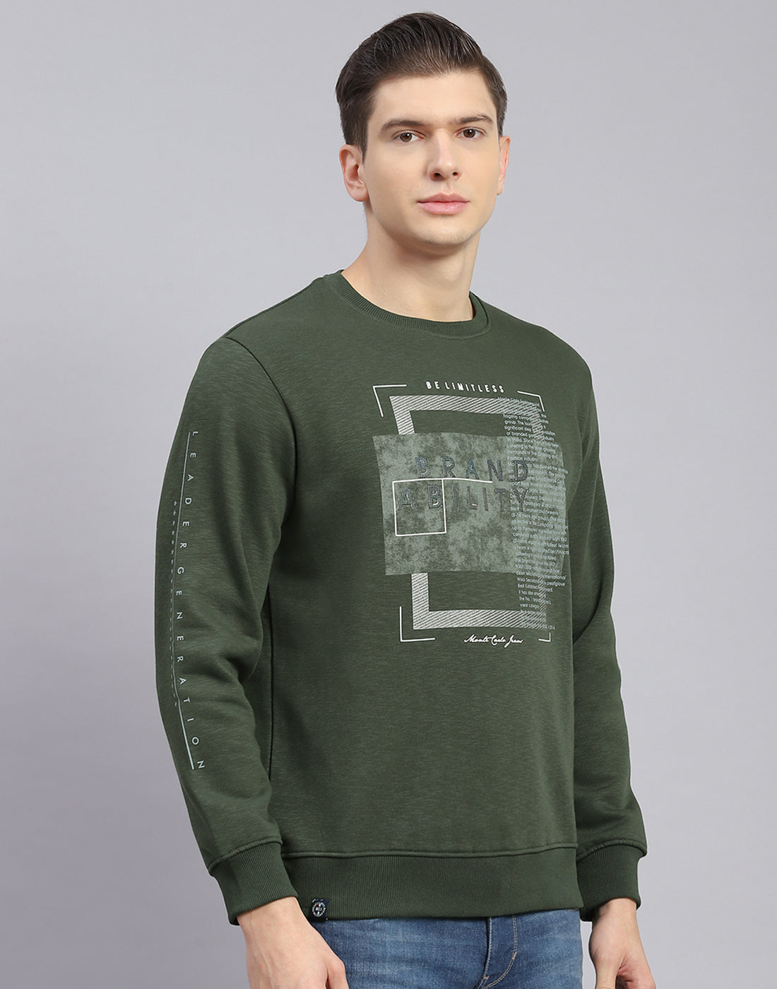 Men Olive Printed Round Neck Full Sleeve Sweatshirt