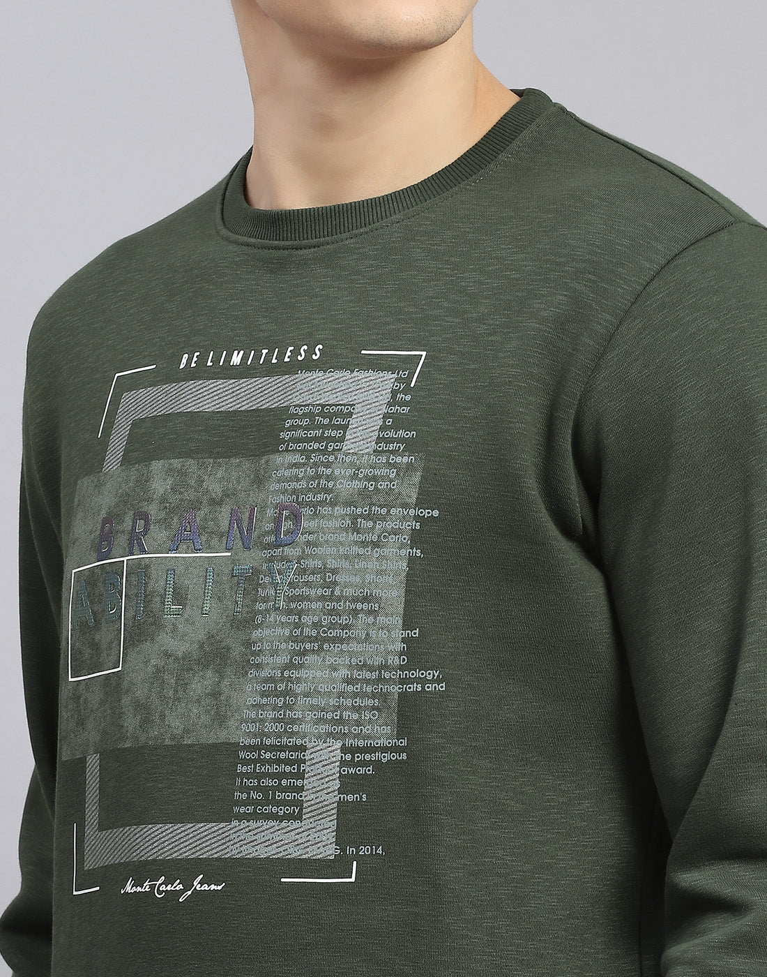 Men Olive Printed Round Neck Full Sleeve Sweatshirt