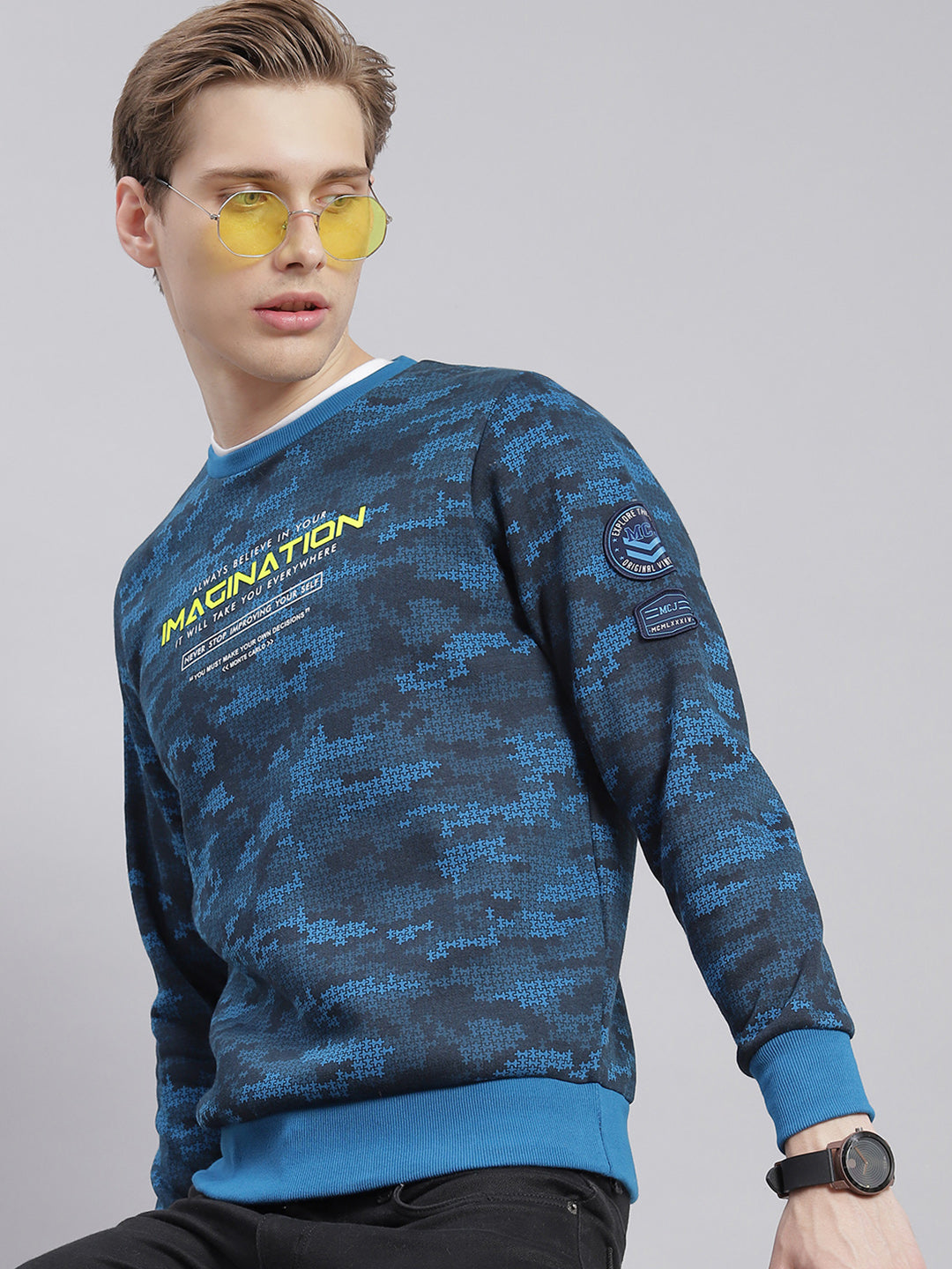 Men Blue Printed Round Neck Full Sleeve Sweatshirts