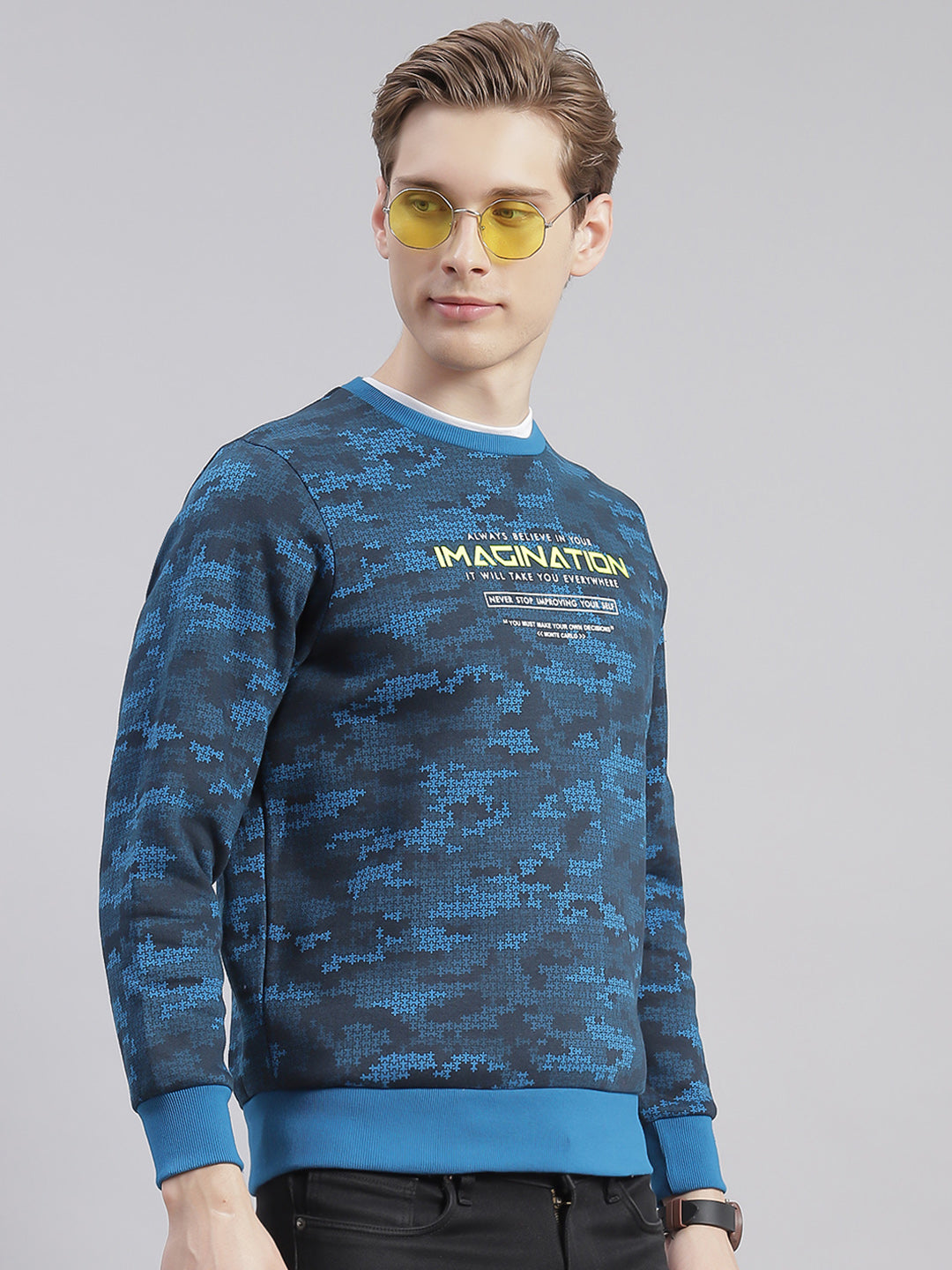 Men Blue Printed Round Neck Full Sleeve Sweatshirts