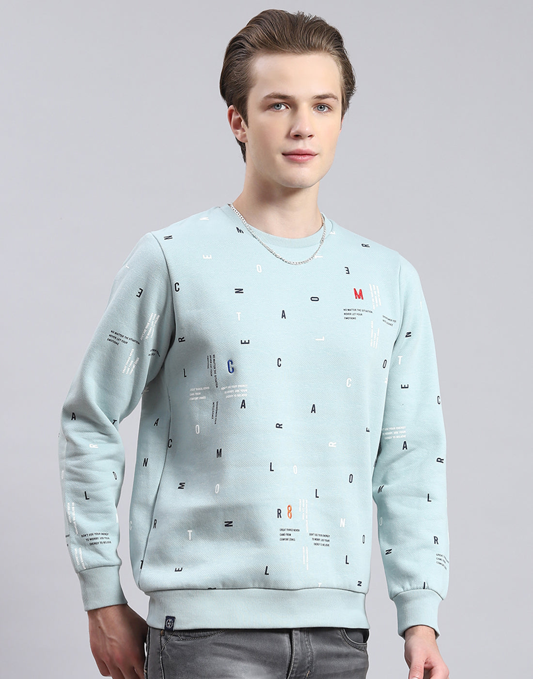 Men Blue Printed Round Neck Full Sleeve Sweatshirt