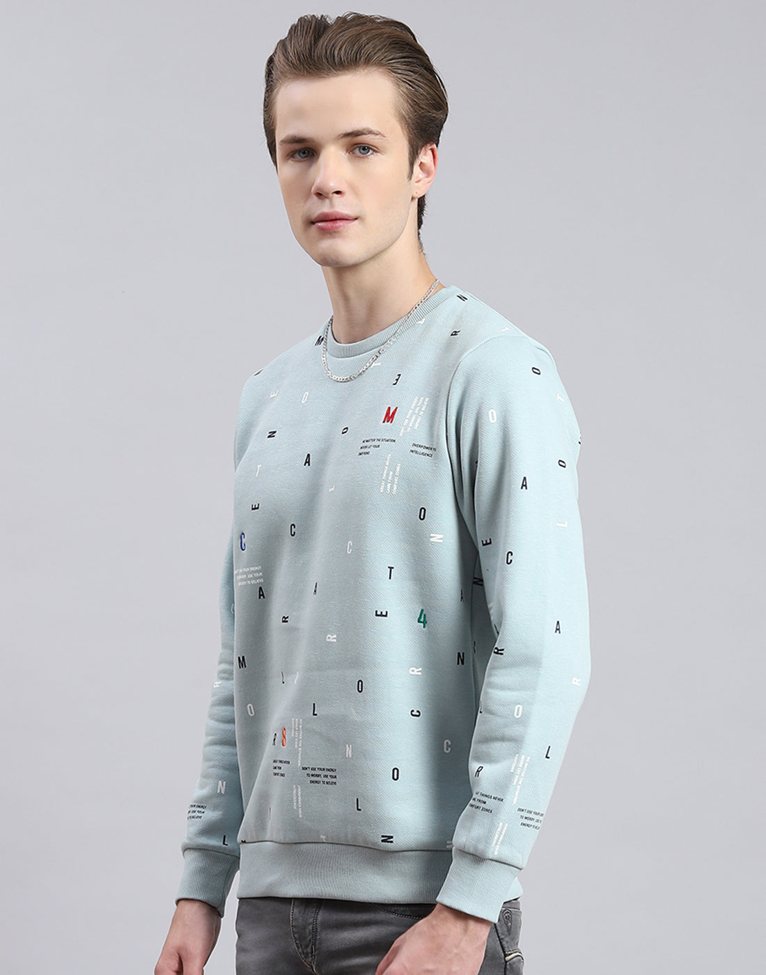 Men Blue Printed Round Neck Full Sleeve Sweatshirt