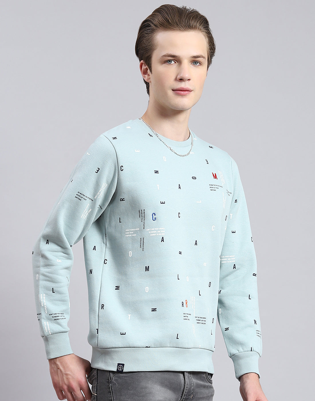 Men Blue Printed Round Neck Full Sleeve Sweatshirt