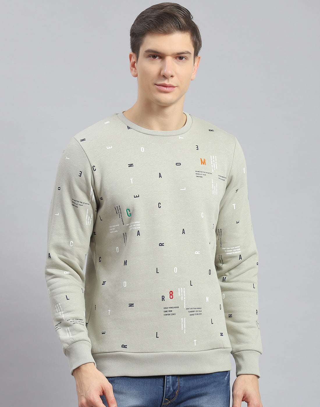 Men Olive Printed Round Neck Full Sleeve Sweatshirt