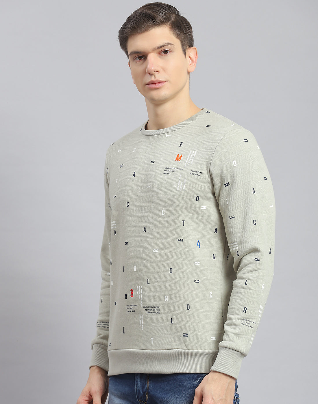 Men Olive Printed Round Neck Full Sleeve Sweatshirt