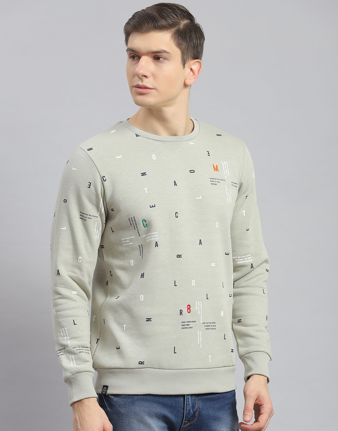 Men Olive Printed Round Neck Full Sleeve Sweatshirt