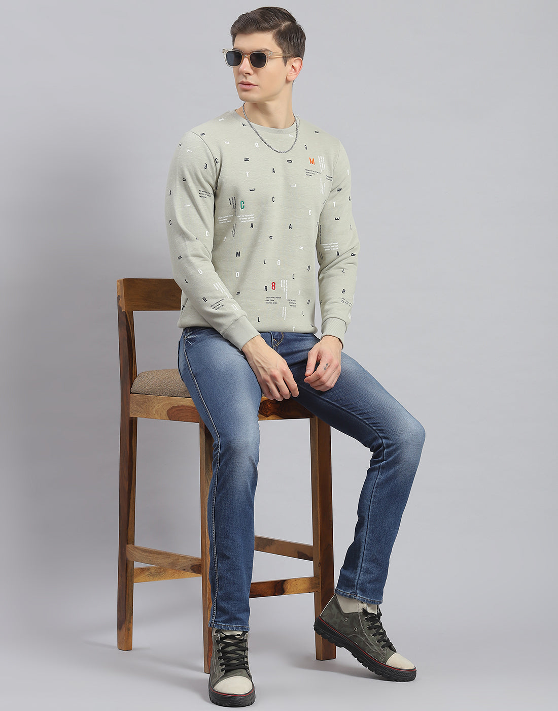 Men Olive Printed Round Neck Full Sleeve Sweatshirt