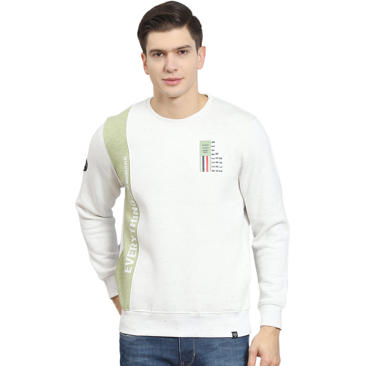 Men White Printed Round Neck Full Sleeve Sweatshirt