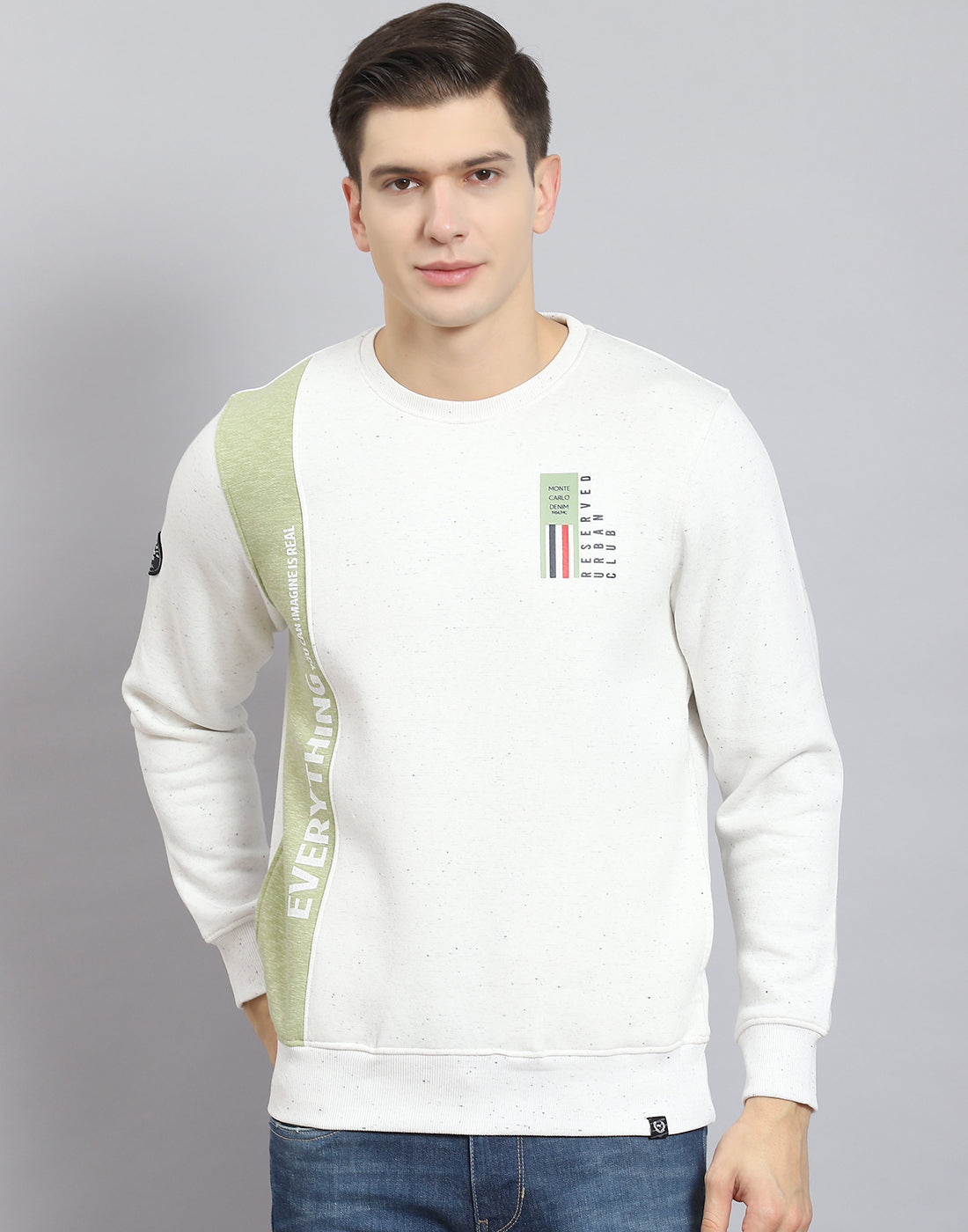 Men White Printed Round Neck Full Sleeve Sweatshirt