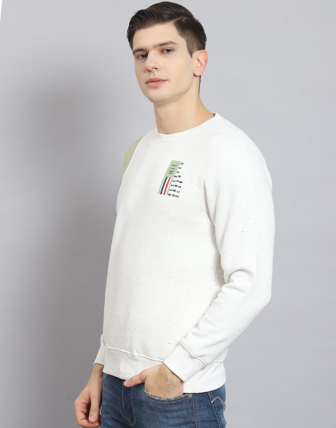 Men White Printed Round Neck Full Sleeve Sweatshirt