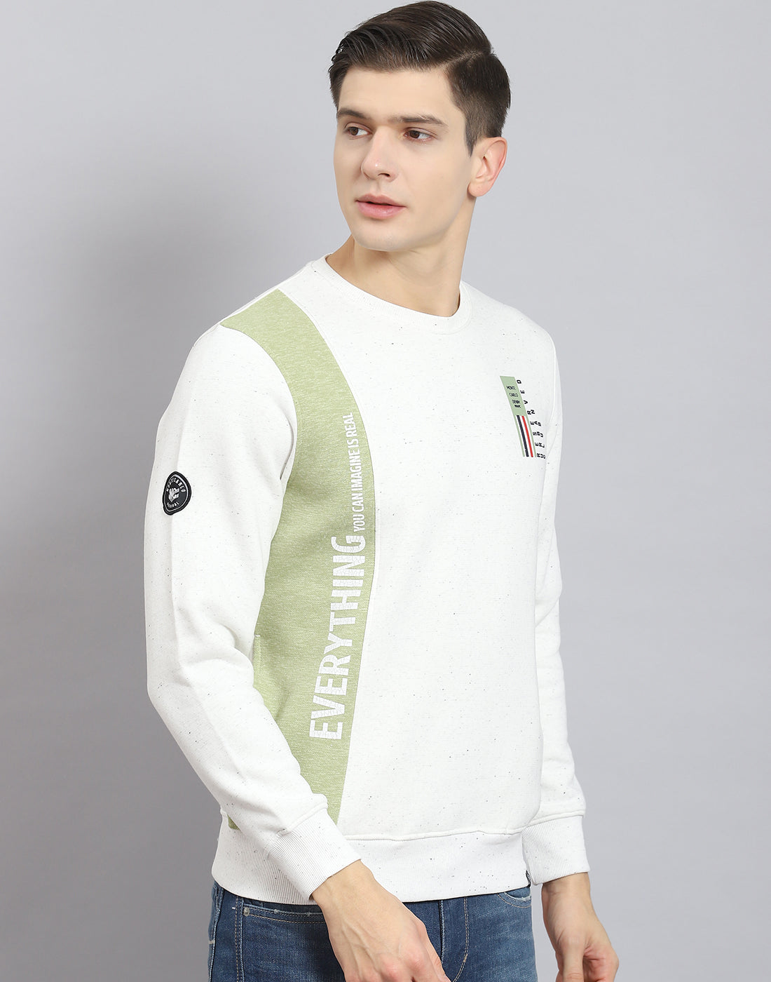 Men White Printed Round Neck Full Sleeve Sweatshirt