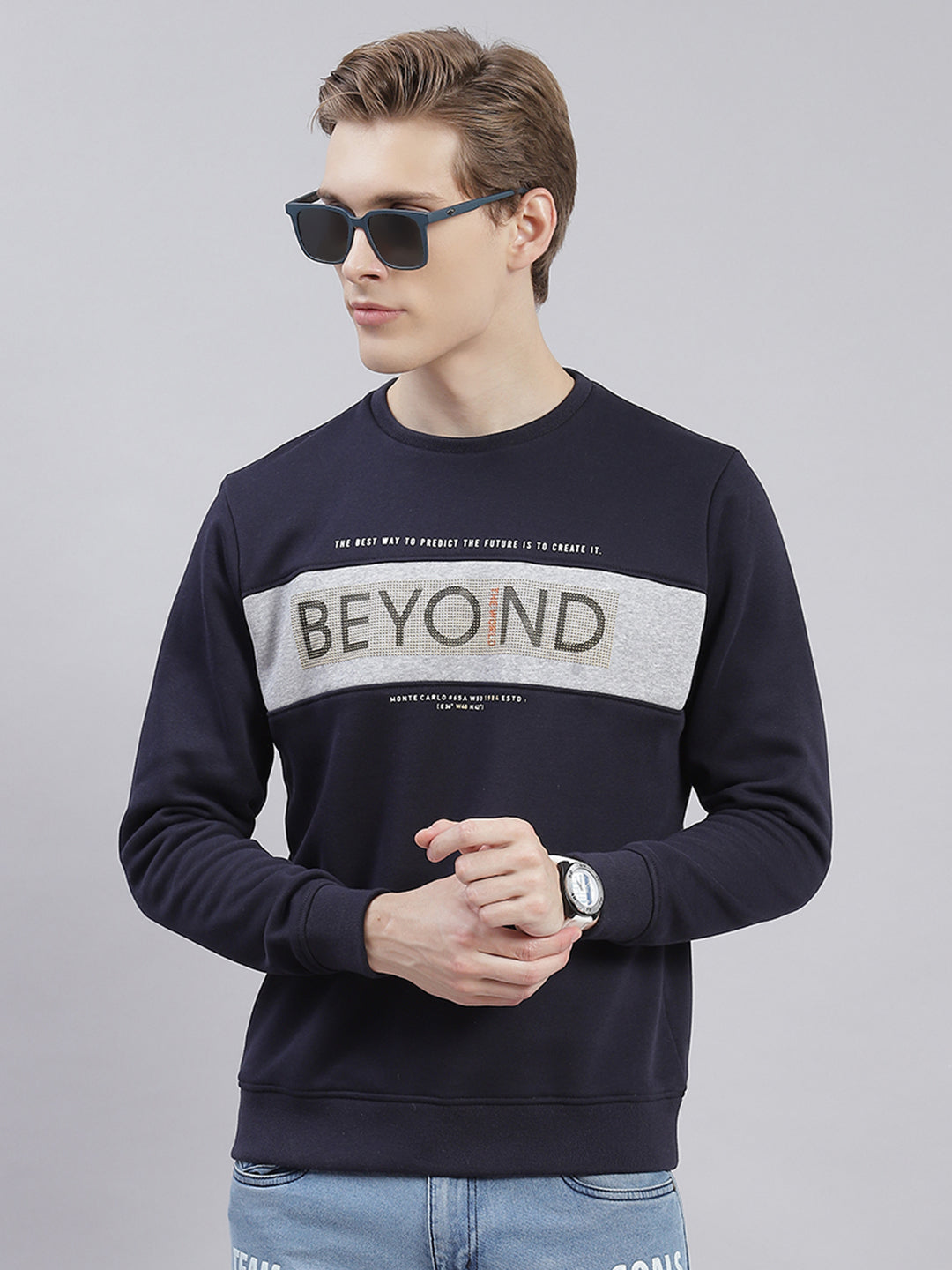 Men Navy Blue Printed Round Neck Full Sleeve Sweatshirts