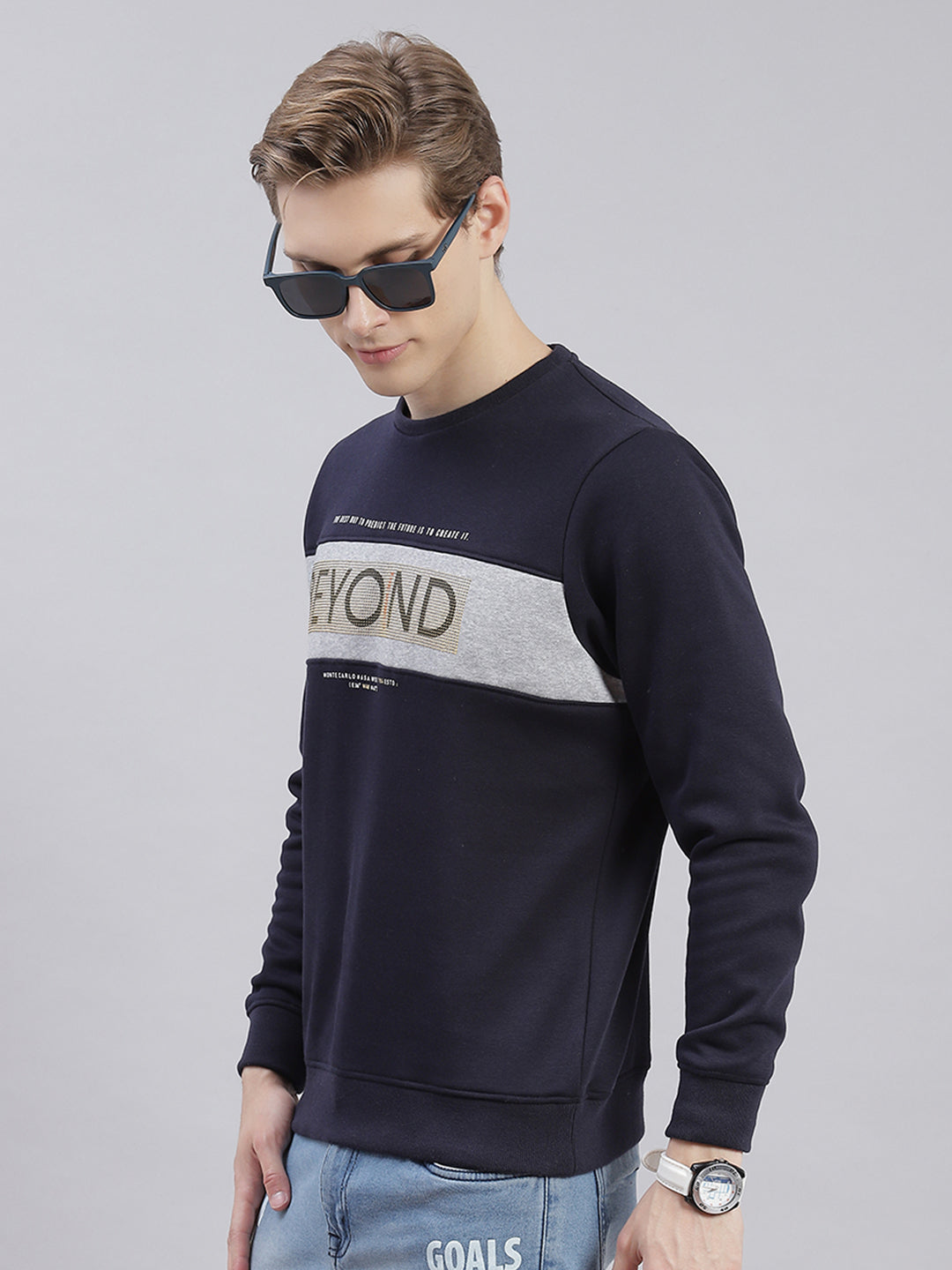 Men Navy Blue Printed Round Neck Full Sleeve Sweatshirts