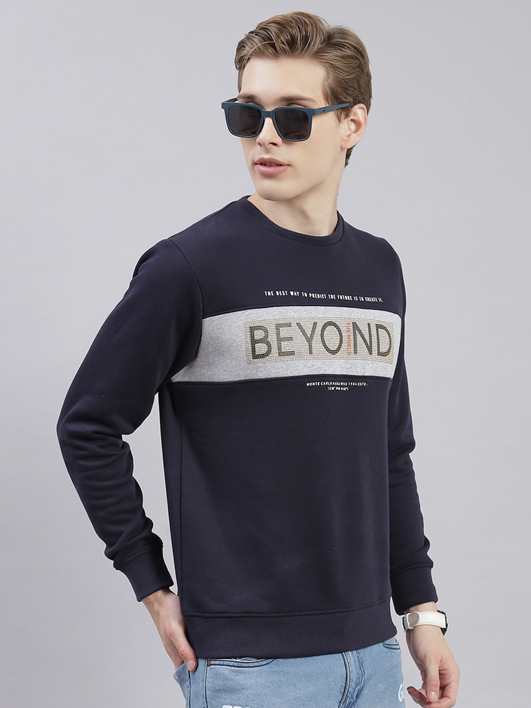 Men Navy Blue Printed Round Neck Full Sleeve Sweatshirts