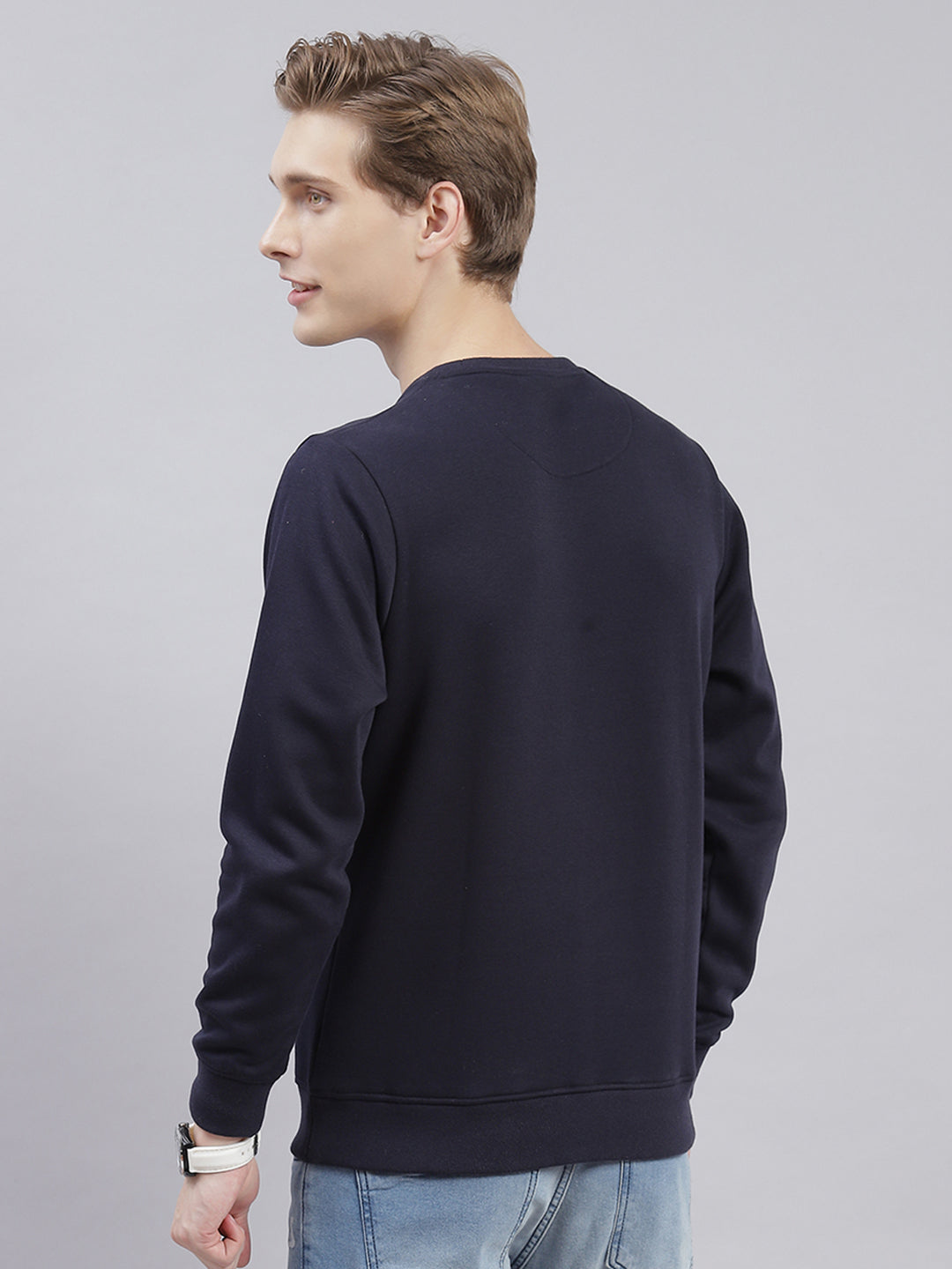 Men Navy Blue Printed Round Neck Full Sleeve Sweatshirts