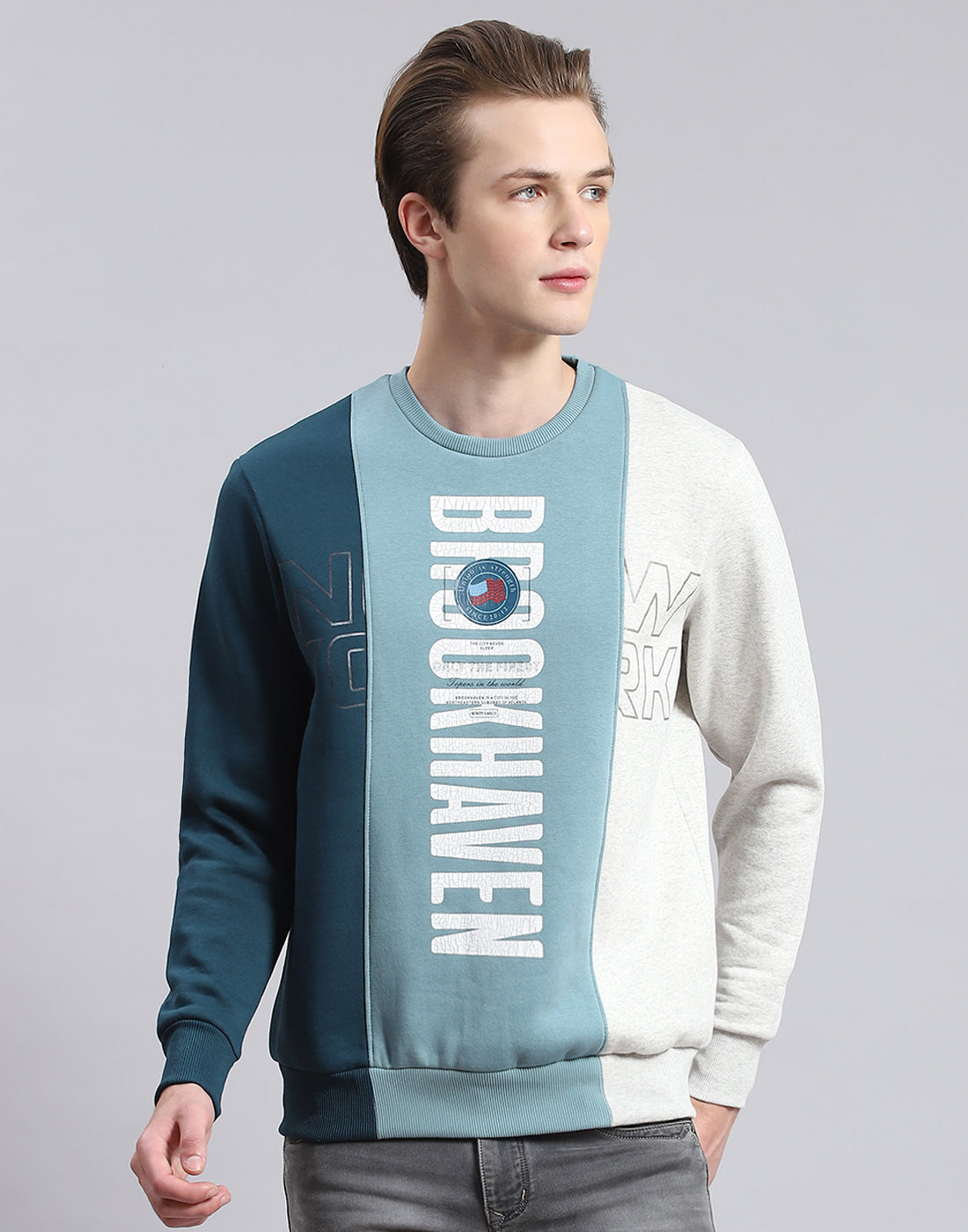 Men Blue Printed Round Neck Full Sleeve Sweatshirt