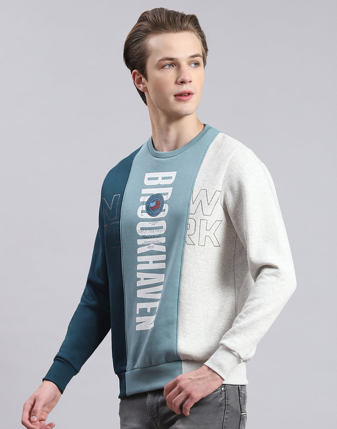 Men Blue Printed Round Neck Full Sleeve Sweatshirt