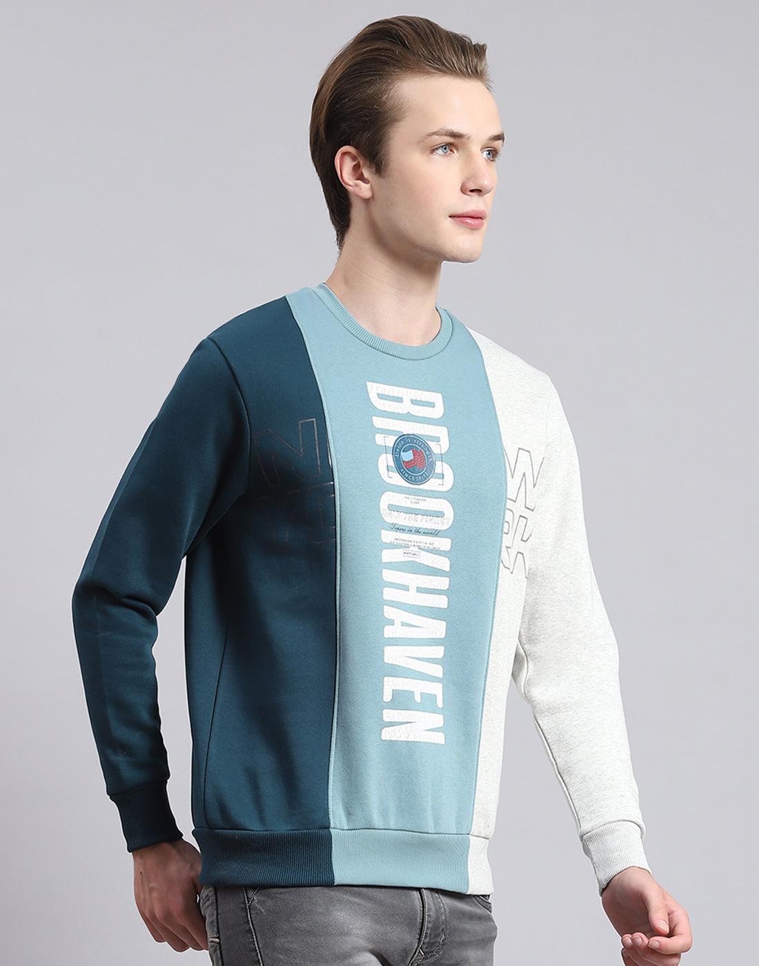 Men Blue Printed Round Neck Full Sleeve Sweatshirt