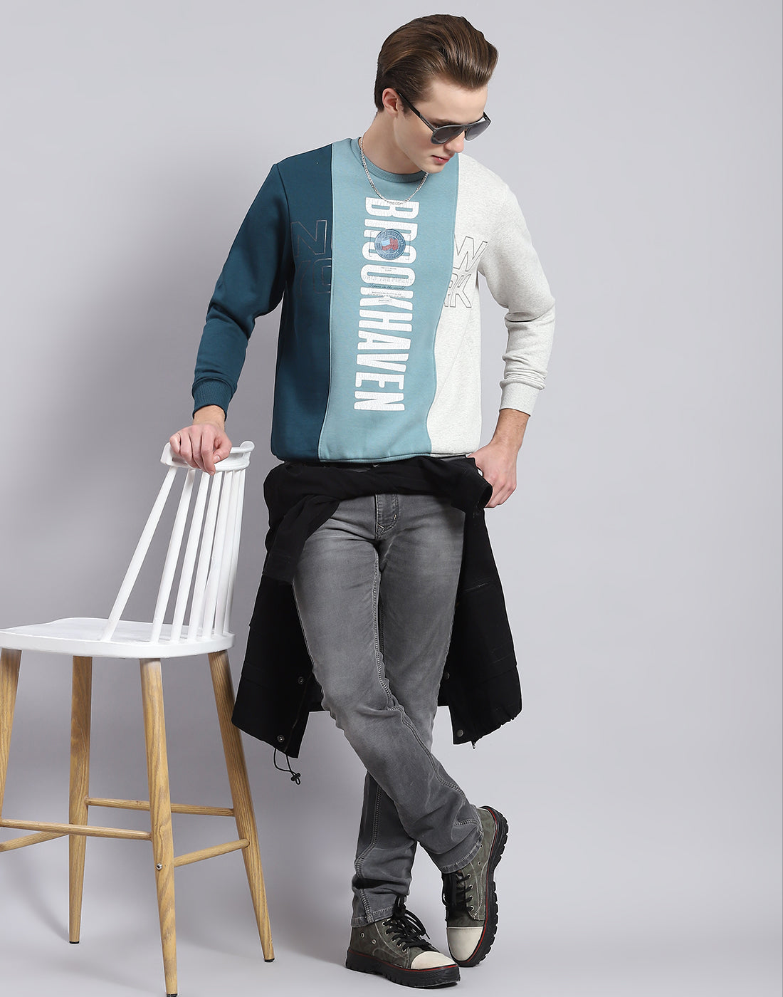 Men Blue Printed Round Neck Full Sleeve Sweatshirt