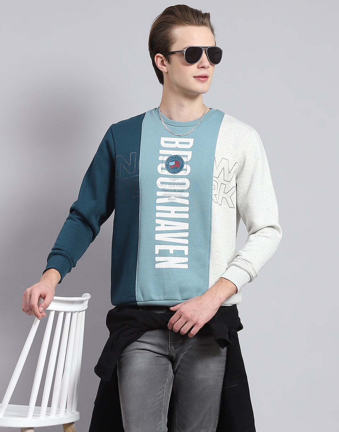 Men Blue Printed Round Neck Full Sleeve Sweatshirt