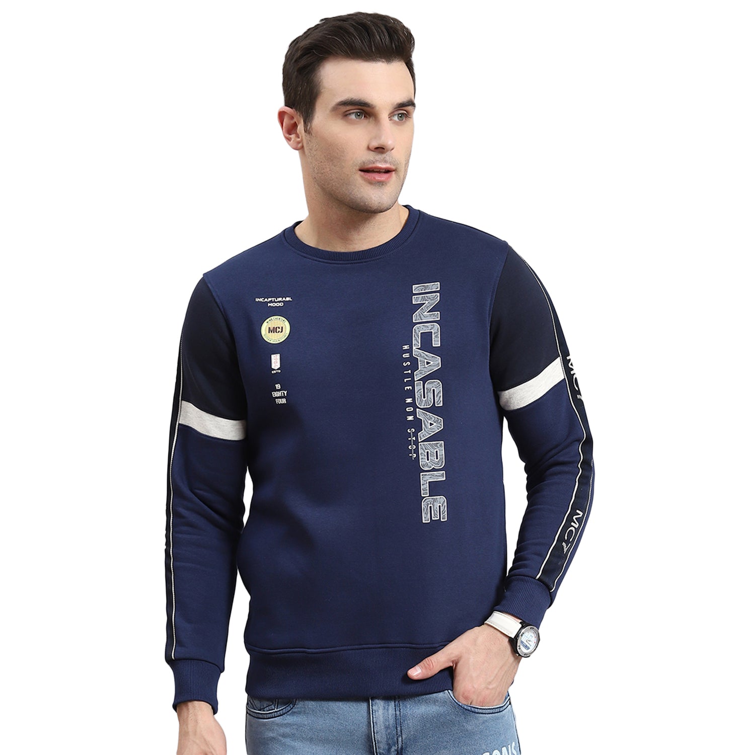 Men Navy Blue Printed Round Neck Full Sleeve Sweatshirt