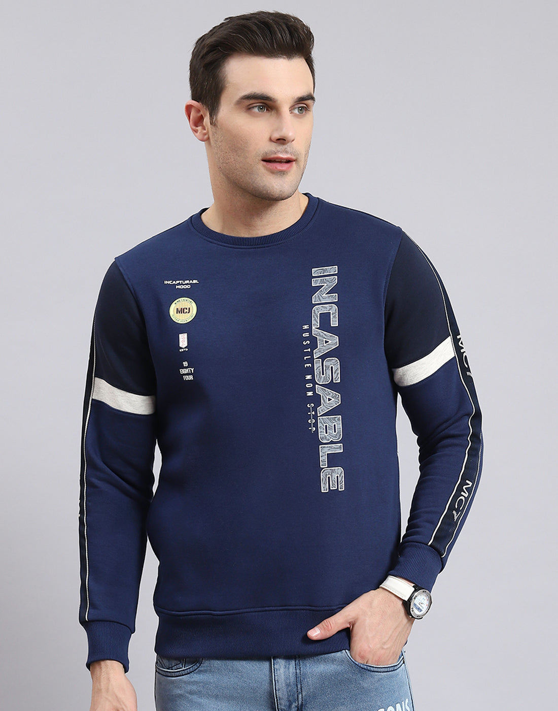 Men Navy Blue Printed Round Neck Full Sleeve Sweatshirt