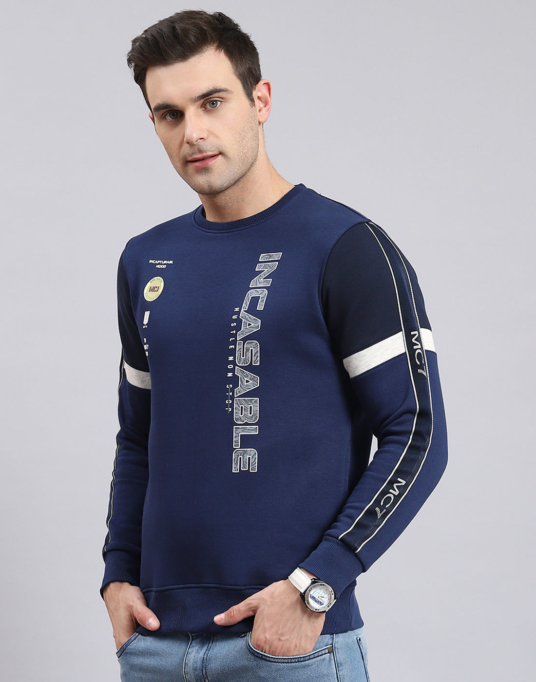 Men Navy Blue Printed Round Neck Full Sleeve Sweatshirt