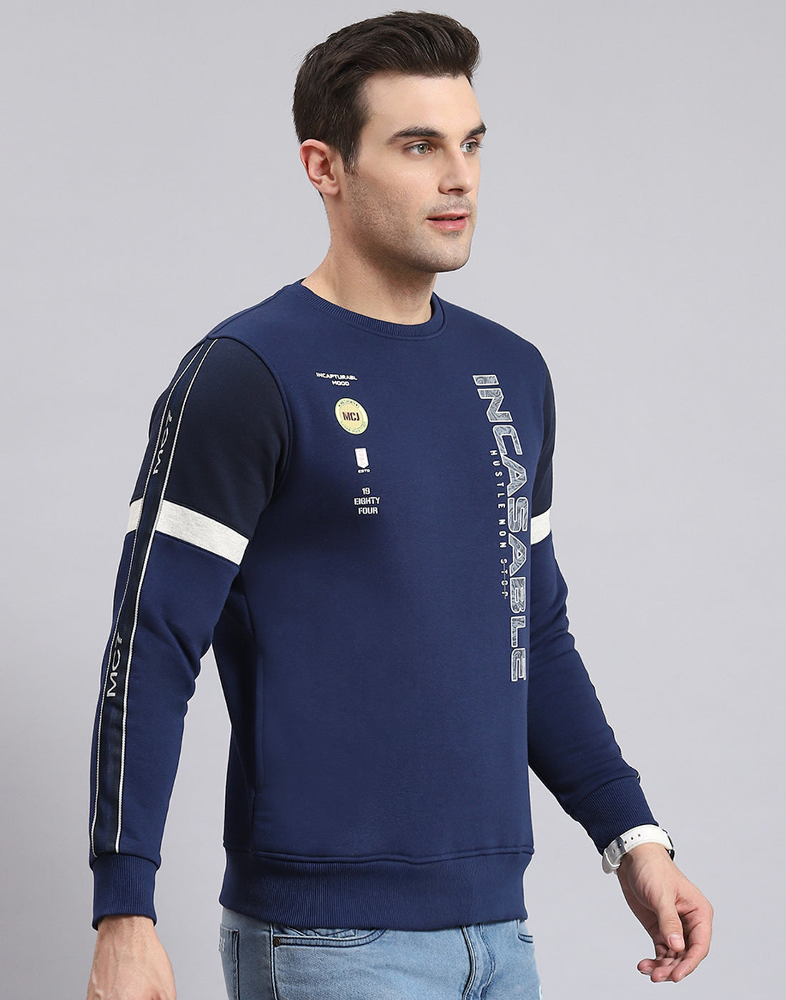 Men Navy Blue Printed Round Neck Full Sleeve Sweatshirt