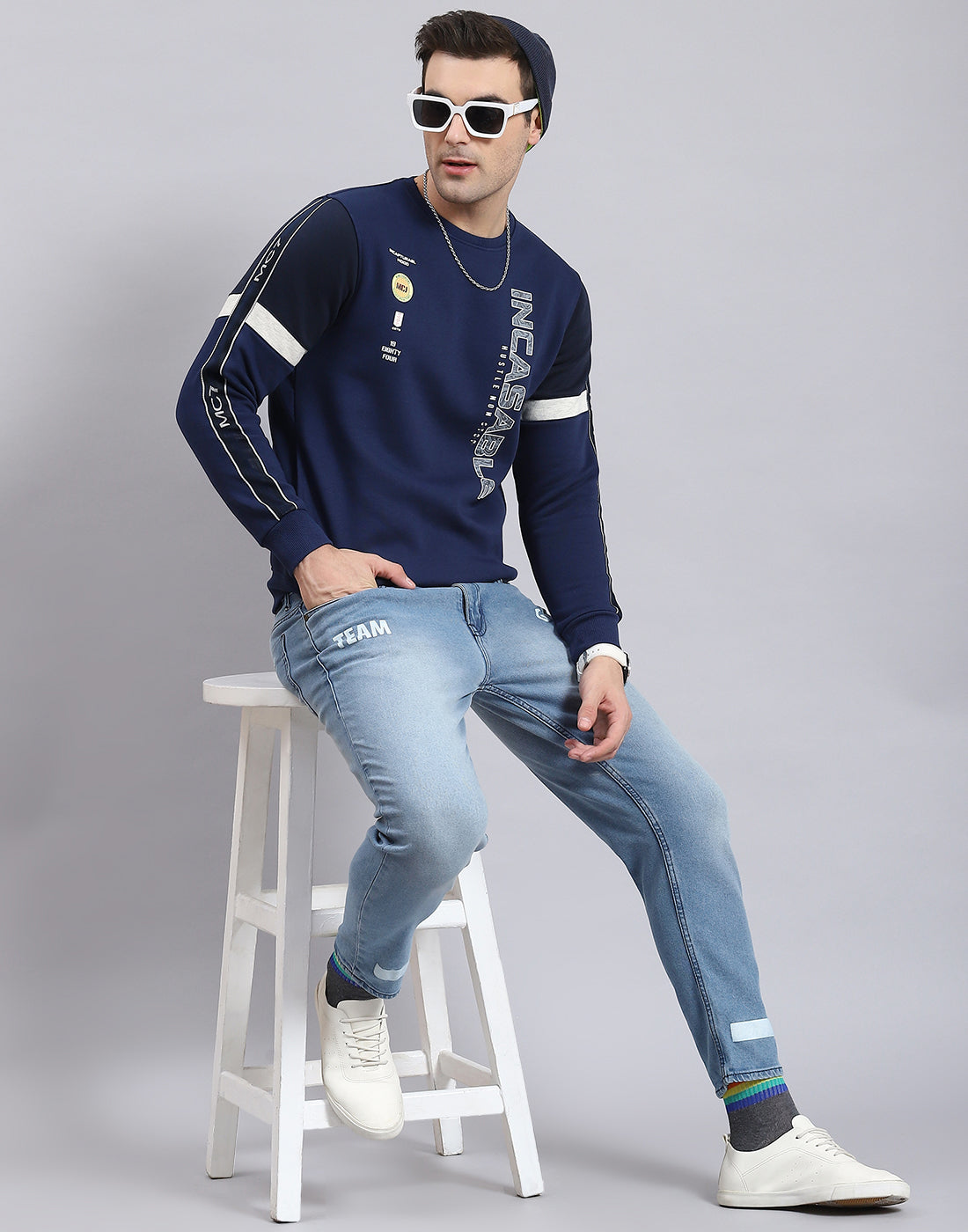 Men Navy Blue Printed Round Neck Full Sleeve Sweatshirt