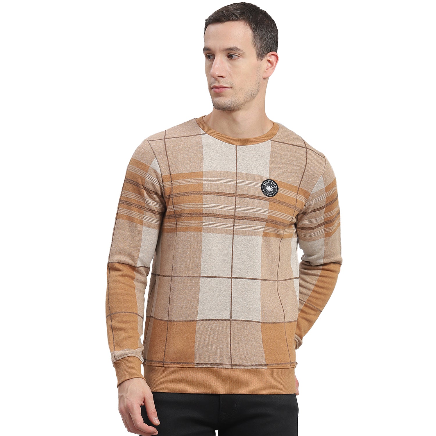 Men Brown Check Round Neck Full Sleeve Sweatshirt