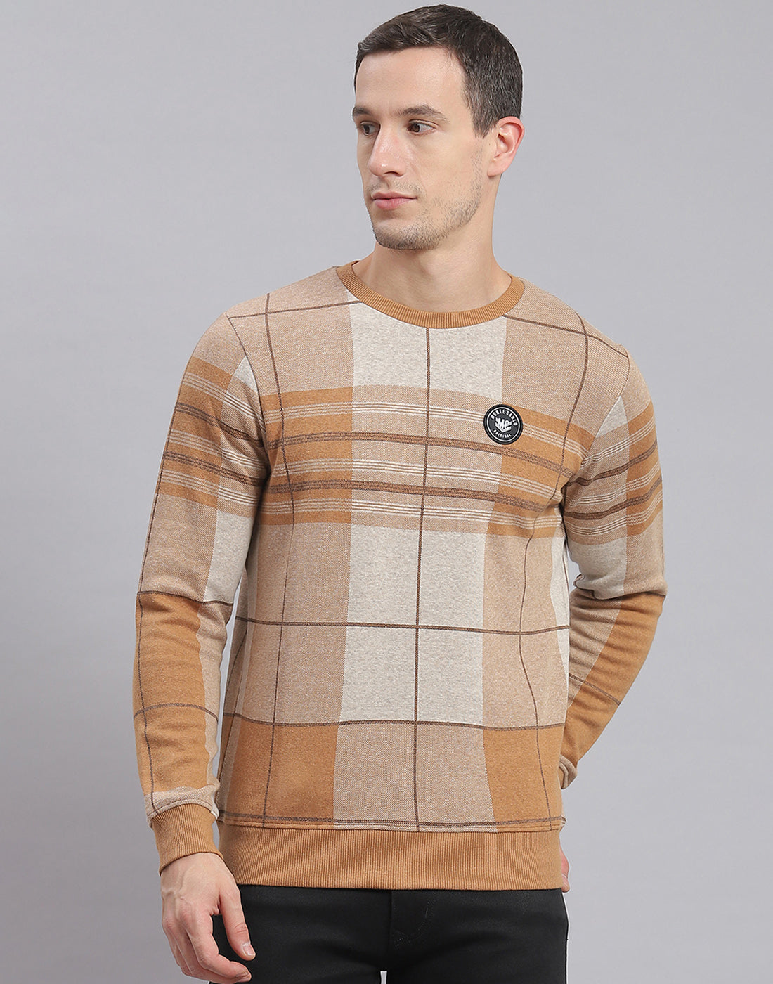 Men Brown Check Round Neck Full Sleeve Sweatshirt