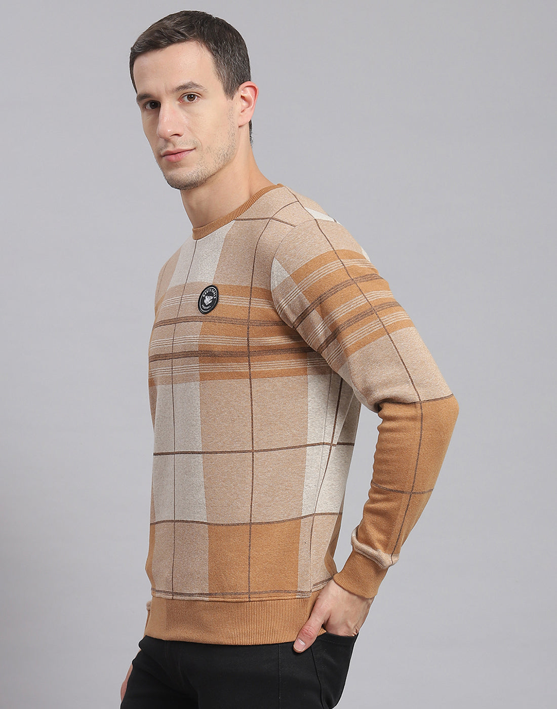 Men Brown Check Round Neck Full Sleeve Sweatshirt