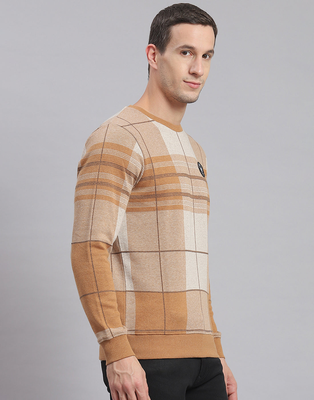 Men Brown Check Round Neck Full Sleeve Sweatshirt