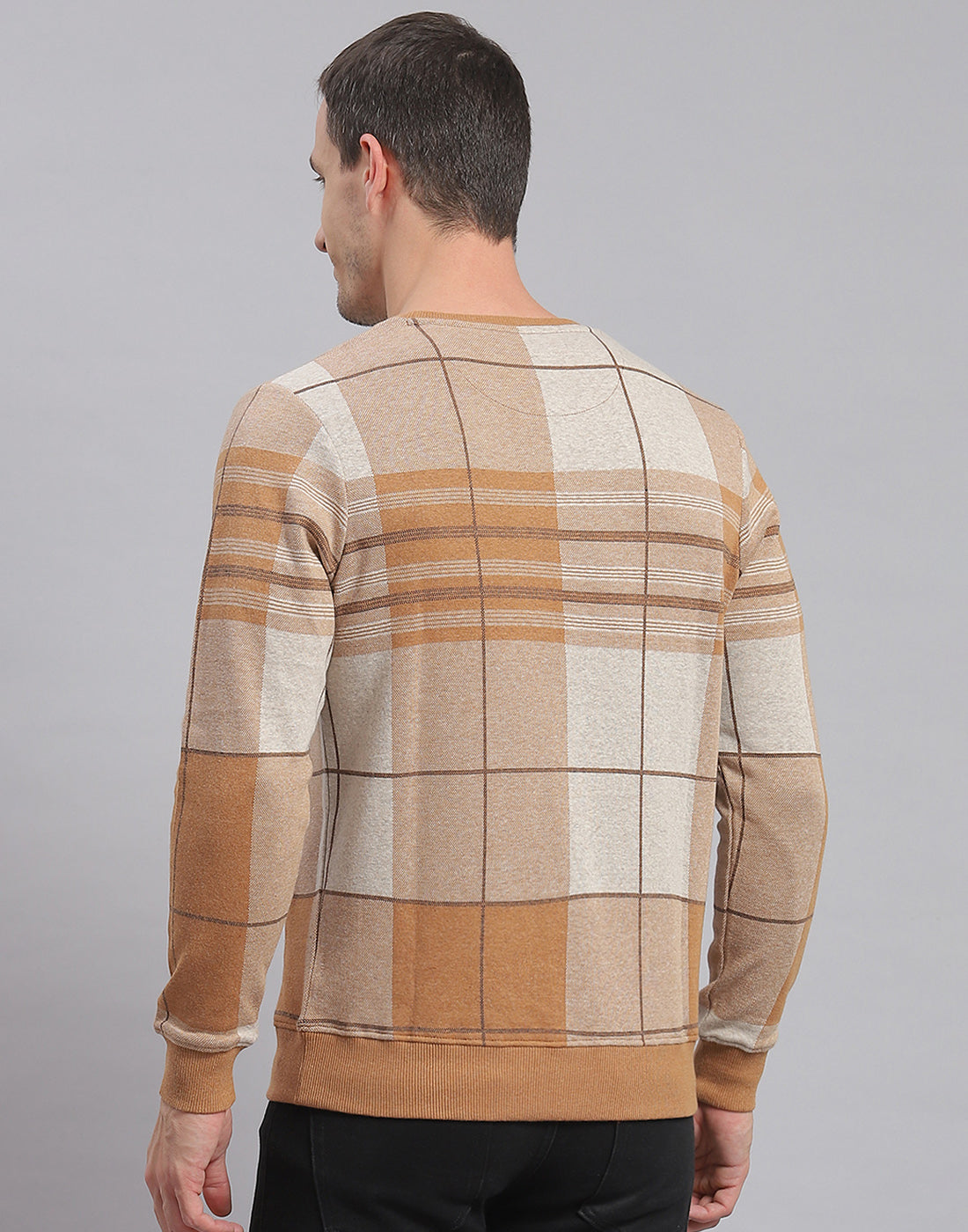 Men Brown Check Round Neck Full Sleeve Sweatshirt