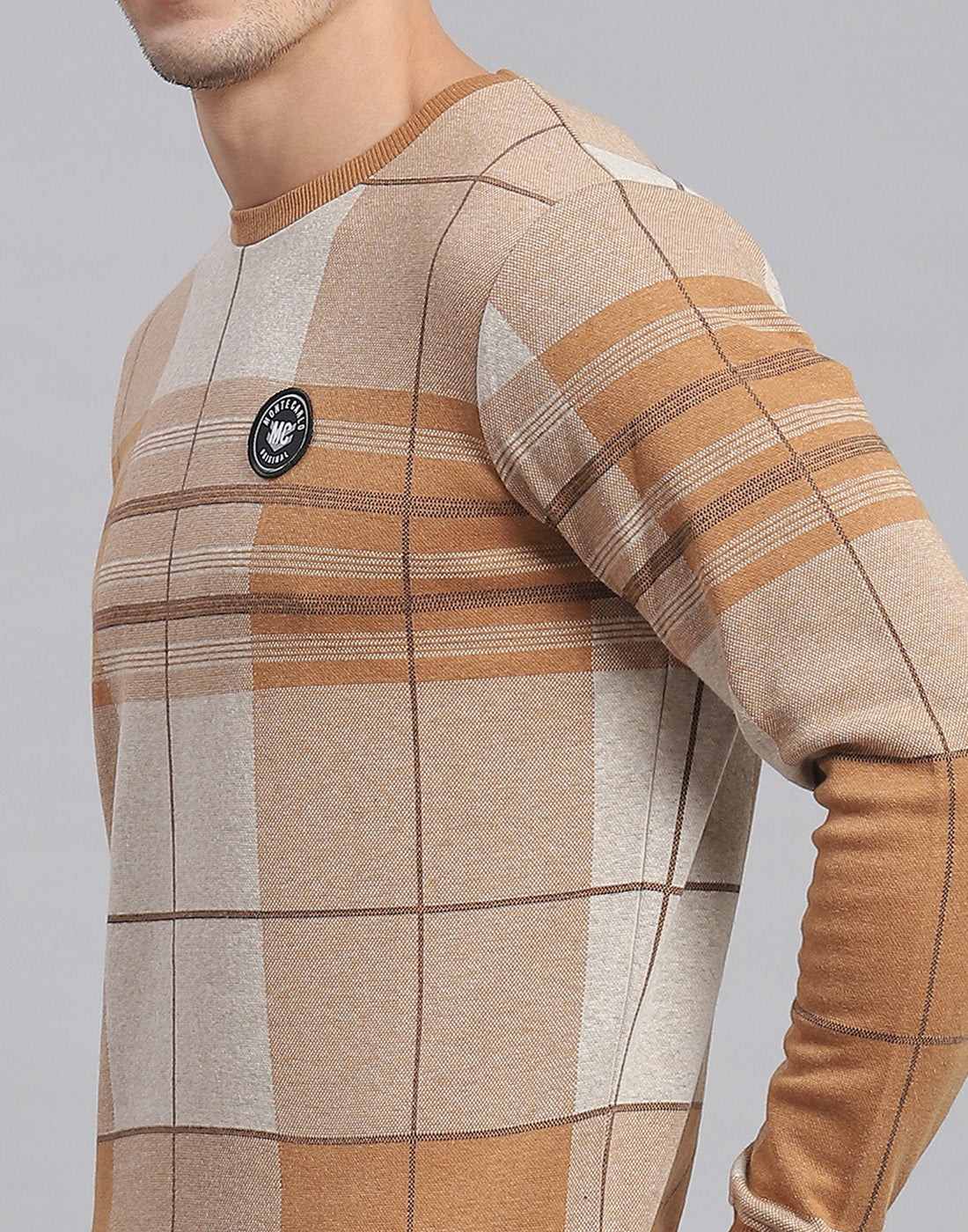 Men Brown Check Round Neck Full Sleeve Sweatshirt