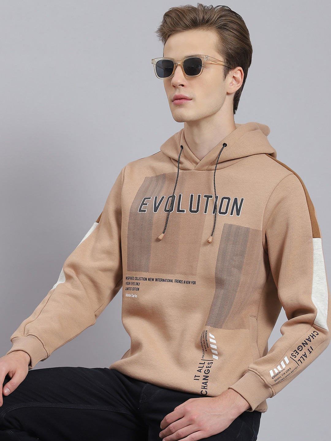 Men Brown Printed Hooded Full Sleeve Sweatshirt