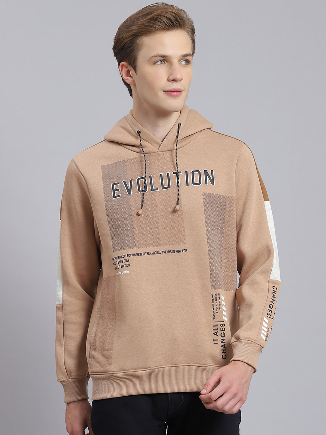 Men Brown Printed Hooded Full Sleeve Sweatshirt